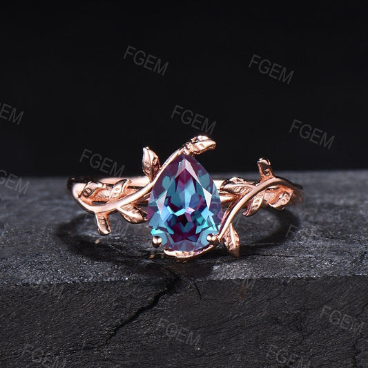 Nature Inspired Ring 1.25ct Pear Shaped Color-Change Alexandrite Engagement Ring Leaf Vine Ring Set Unique Solitaire Promise Ring For Women