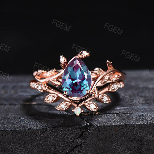 1.25ct Pear Shaped Alexandrite Leaf Engagement Rings Set 10K/14K/18K Rose Gold Nature Inspired Solitaire Rings Sets Leaves Opal Wedding Band