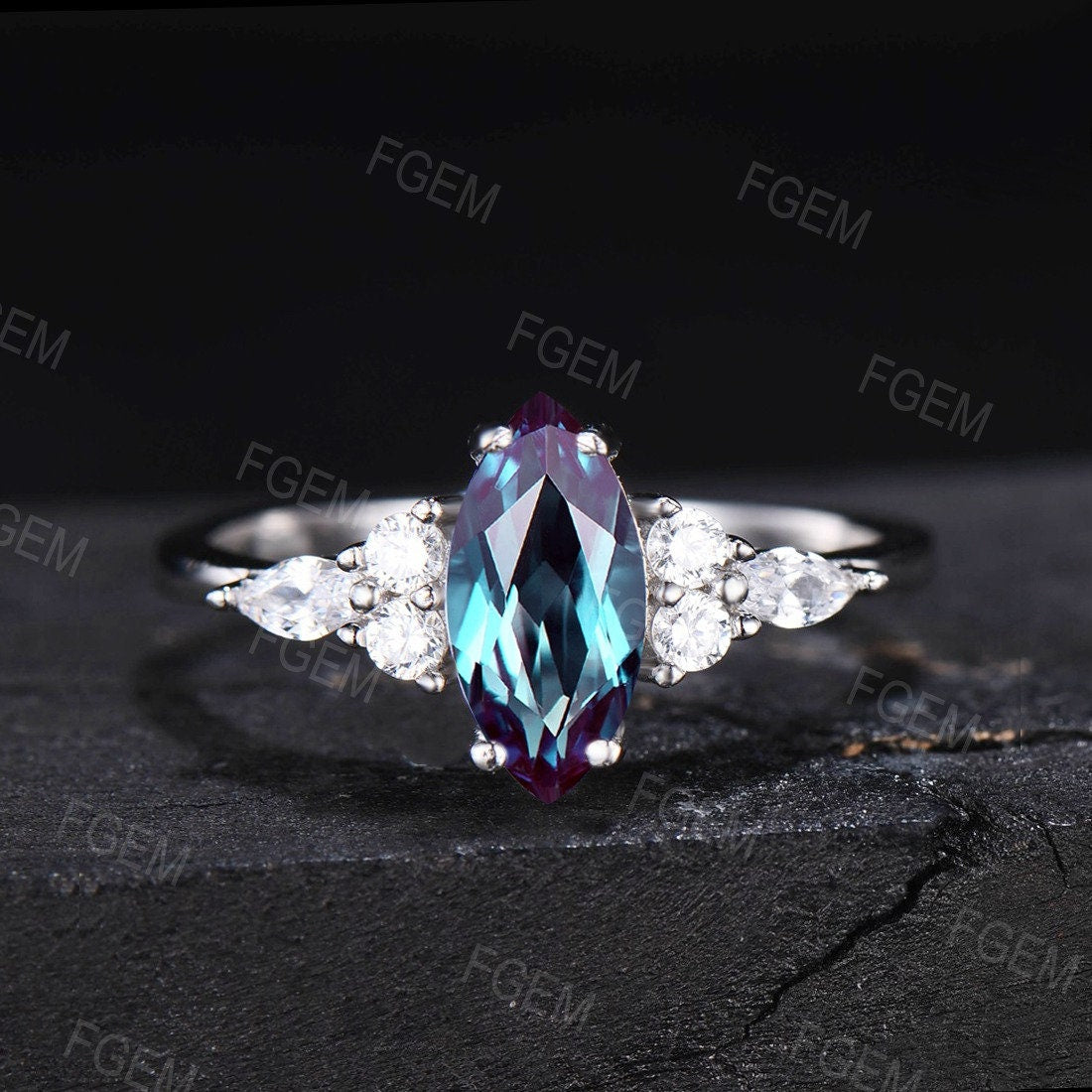 Unique Alexandrite Engagement Ring Set 10K/14K/18K White Gold Marquise Cut June Birthstone Wedding Ring Vintage Marquise Moissanite ring set