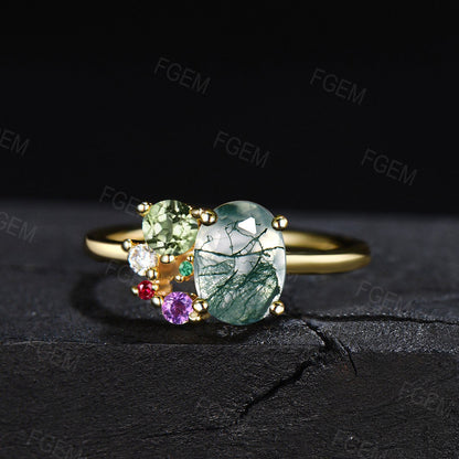 1.5ct Oval Cut Cluster Natural Green Moss Agate Engagement Rings Unique Multi Stone Cluster Birthstone Wedding Ring Personalized Family Ring