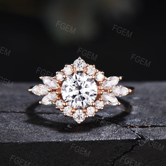 Round Moissanite Cluster Engagement Ring Unique Flower Design Moissanite Diamond Jewelry Halo Wedding Ring Vintage Anniversary Gift Women
