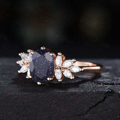 1.5ct Oval Cut Blue Sandstone Ring Oval Cluster Engagement Ring Galaxy Blue Goldstone Ring  Healing Gemstone Jewelry Unique Wedding Gift