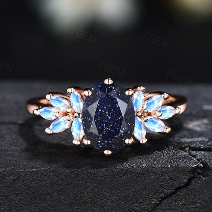 1.5ct Oval Cut Galaxy Blue Sandstone Ring Moonstone Cluster Engagement Ring Blue Goldstone Ring June Birthstone Jewelry Unique Promise Gift