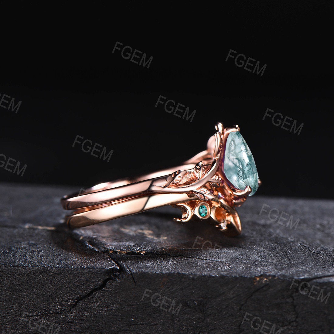 1.25ct Pear Shaped Natural Moss Agate Bridal Set 10K/14K/18K Rose Gold Nature Inspired Emerald Engagement Rings Leaf Leaves Solitaire Ring