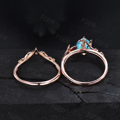 Natural Turquoise Leaf Engagement Rings Vintage Branch Style 1.25ct Pear Shaped Turquoise Bridal Set 14k Rose Gold Nature Inspired Jewelry