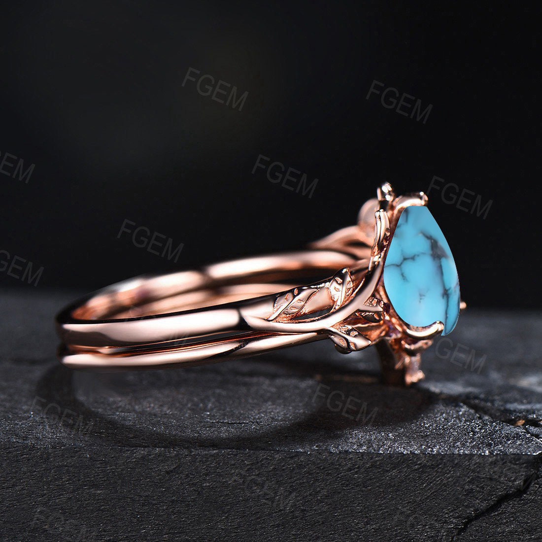 Natural Turquoise Leaf Engagement Rings Vintage Branch Style 1.25ct Pear Shaped Turquoise Bridal Set 14k Rose Gold Nature Inspired Jewelry
