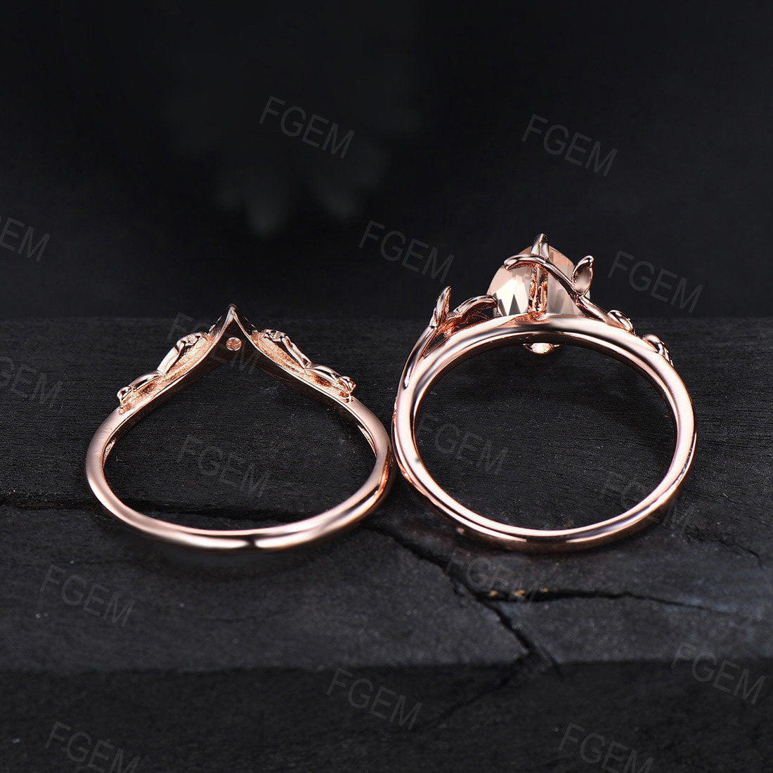 1.25ct Pear Shaped Natural Morganite Engagement Ring Leaf Vine Ring Set Nature Inspired Morganite Ring Set Unique Solitaire Promise Rings