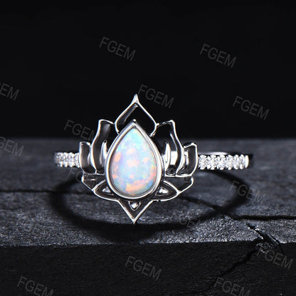 Sterling Silver Lotus Flower Engagement Rings Pear Shaped White Opal Ring October Birthstone Jewelry Unique Wedding Birthday Gift for Women