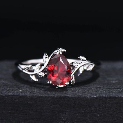 Nature Inspired Twig Leaf Ruby Engagement Ring 1.25ct Pear Shaped Red Ruby Gemstone Jewelry Anniversary Ring For Women July Birthstone Gift