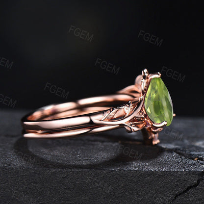 Natural Peridot Ring 1.25ct Pear Shaped Green Gemstone Fine Jewelry Dainty Branch And Leaves Peridot Ring Set Unique Nature Engagement Rings
