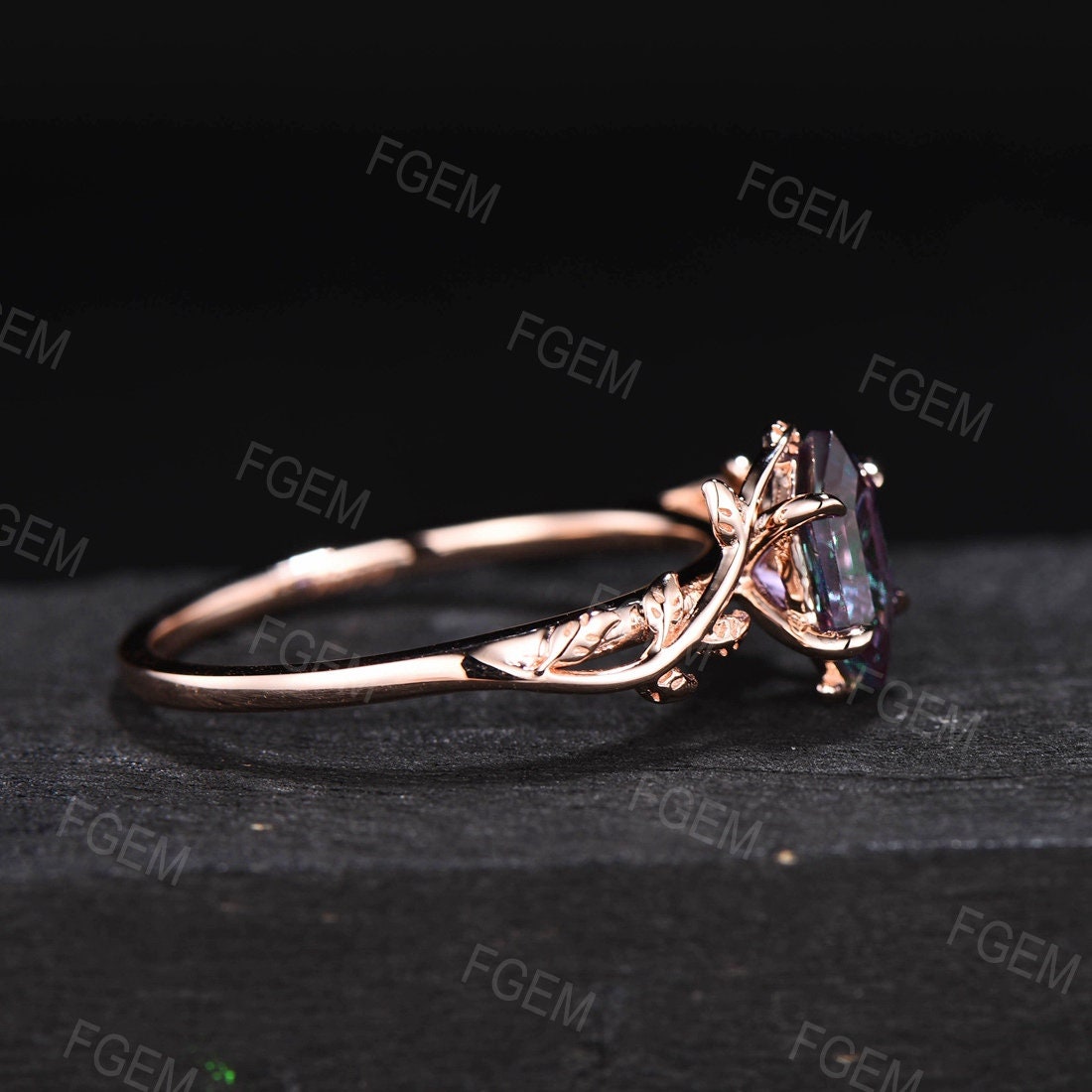 June Birthstone Ring for Women Long Hexagon Color Change Alexandrite Leaf Engagement Rings Anniversary Gift For Her Nature Inspired Jewelry