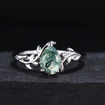 Pear Shaped Natural Moss Agate Engagement Rings Rose Gold Vintage Branch Design Solitaire Rings Unique Leaf Wedding Ring Anniversary Gifts