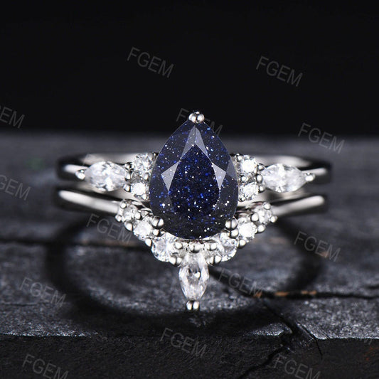 Pear Shaped Blue Sandstone Ring Set Sterling Silver Galaxy Starry Sky Ring CZ Diamond Wedding Band Proposal Gift Blue Goldstone Nebula Ring