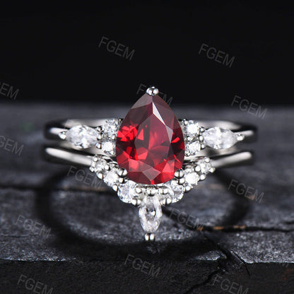 Sterling Silver Red Gemstone Jewelry 1.25ct Pear Shaped Ruby Engagement Ring Set Anniversary/Birthday Gift for Women July Birthstone Ring