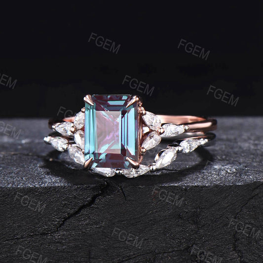 2ct Emerald Cut Alexandrite Cluster Engagement Ring Set 10K/14K/18K Rose Gold June Birthstone Wedding Ring Pear Cut Moissanite Promise Ring