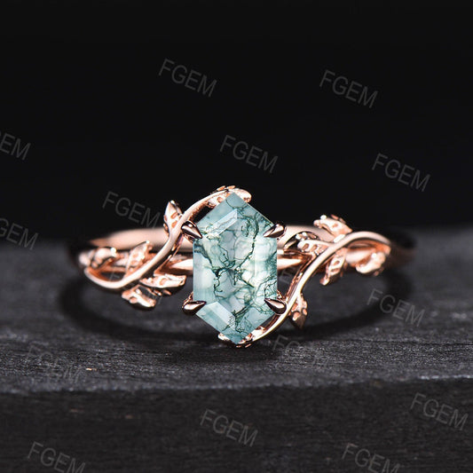 Hexagon Natural Moss Agate Ring Vintage Leaf Engagement Ring Inspired Leaf Solitaire Ring Green Gemstone Ring Unique Promise Ring for Women