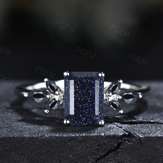 2ct Emerald Cut Starry Sky Blue Sandstone Ring Cluster Engagement Ring Marquise Blue Sapphire Ring Unique Birthday/Anniversary Gift for Her