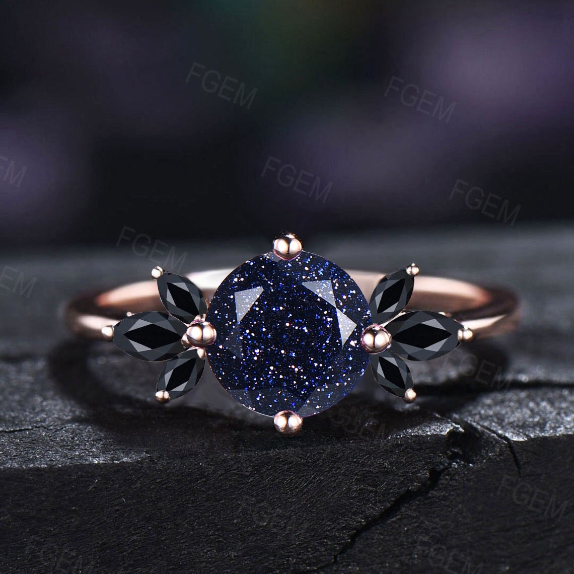 10K/14K/18K Real Rose Gold Round Cluster Engagement Rings Starry Sky Blue Sandstone Ring Unique Handmade Proposal/Wedding Gifts for Women