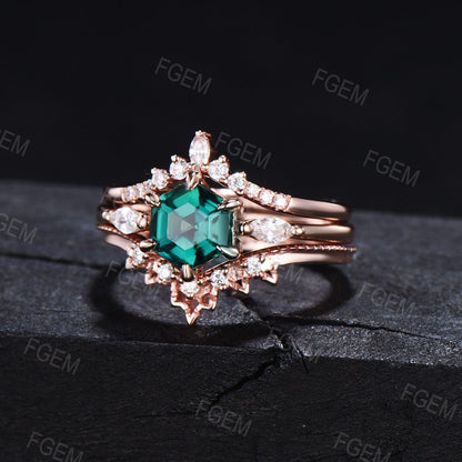 3PCS Hexagon Cut Green Emerald Engagement Ring Set May Birthstone Wedding Ring 10k Rose Gold Emerald Ring Birthday/Anniversary Gift Women