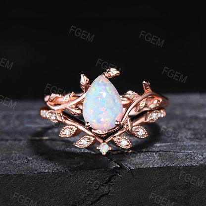 Nature Inspired Opal Engagement Rings Sets 10K/14K/18K Rose Gold 1.25ct Pear Shaped Leaf Solitaire Ring Moissanite Opal Leaves Wedding Ring