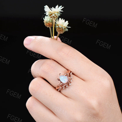 Nature Inspired Opal Engagement Rings Sets 10K/14K/18K Rose Gold 1.25ct Pear Shaped Leaf Solitaire Ring Moissanite Opal Leaves Wedding Ring