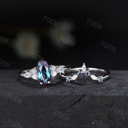 Unique Alexandrite Engagement Ring Set 10K/14K/18K White Gold Marquise Cut June Birthstone Wedding Ring Vintage Marquise Moissanite ring set