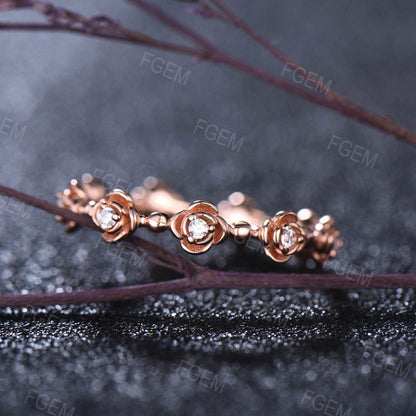 Rose Flower Wedding Band Delicate Moissnaite/Diamond Stacking Matching Minimalist Band Rose Gold Floral Promise Ring Women Anniversary Gifts