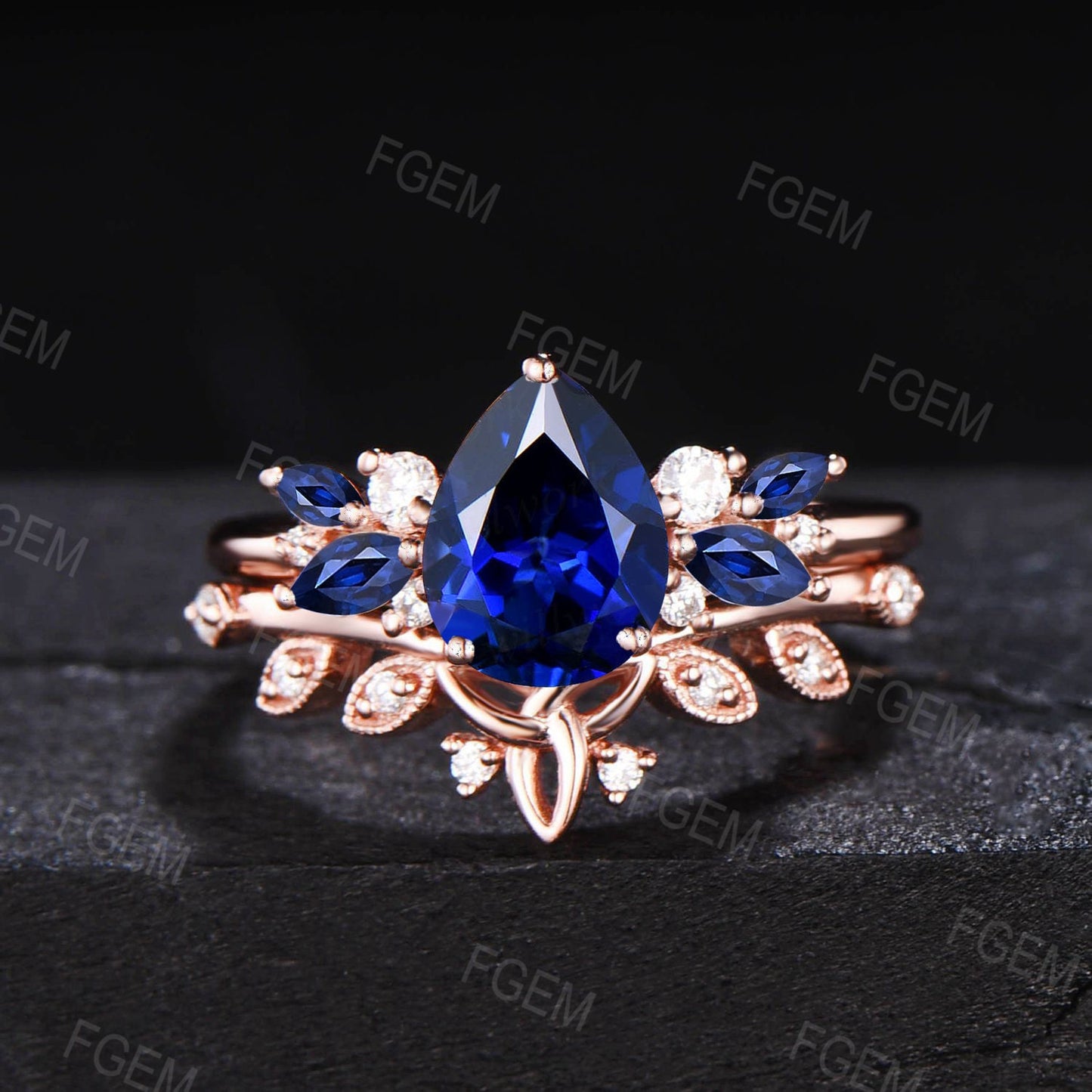 Unique 1.25CT Pear Shaped Nature Inspired Blue Sapphire Engagement Ring Moissanite Wedding Ring Cluster Ring 14K Rose Gold Celtic Bridal Set