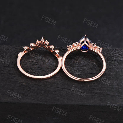 Unique 1.25CT Pear Shaped Nature Inspired Blue Sapphire Engagement Ring Moissanite Wedding Ring Cluster Ring 14K Rose Gold Celtic Bridal Set