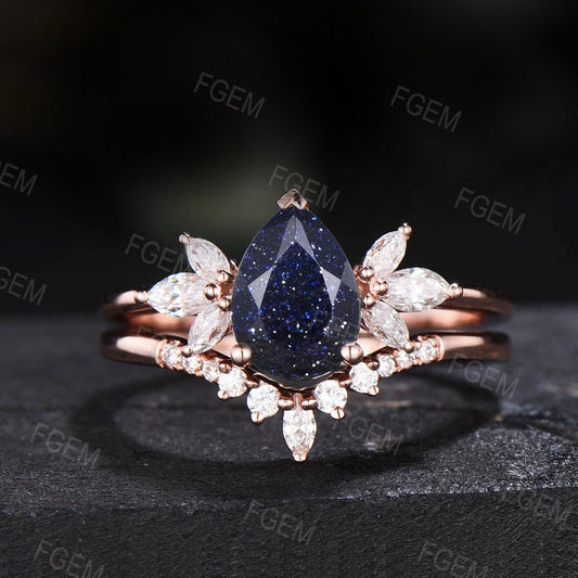 1.25CT Pear Shaped Galaxy Starry Sky Blue Sandstone Ring Set For Women Sterling Silver Blue Engagement Ring Cluster Ring Set Proposal Gift