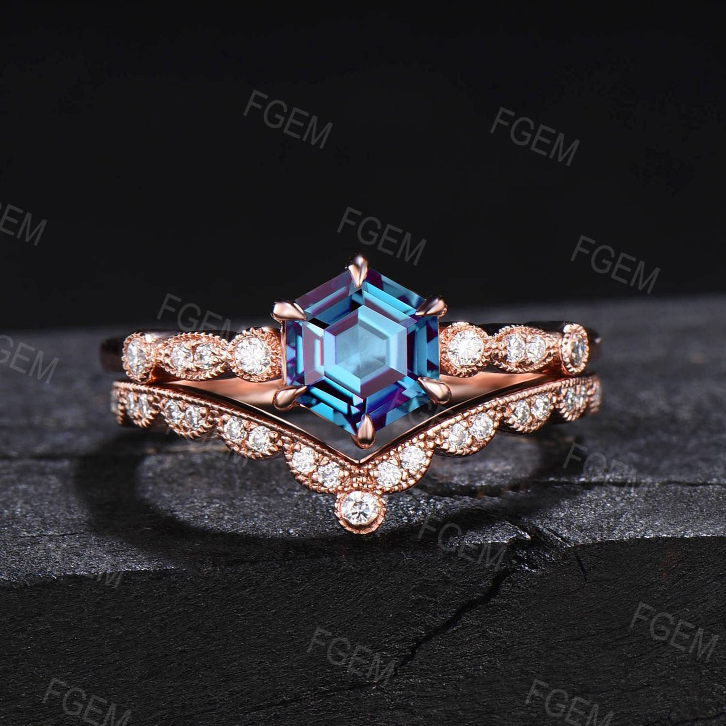 1CT Hexagon Alexandrite Ring Art Deco Alexandrite Milgrain Engagement Ring Set Half Eternity Milgrain Moissanite Wedding Ring Promise Gift