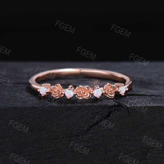 10K Rose Gold White Opal Floral Wedding Ring Stacking Matching Bridal Band Half Eternity Band Unique Rose Flower Opal Wedding Band Love Gift
