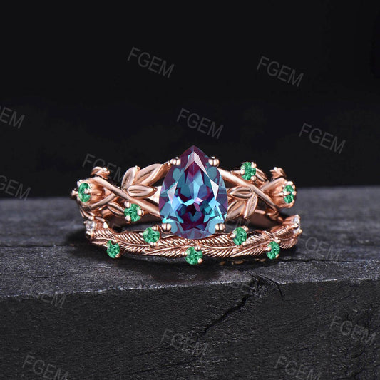 Nature Inspired Alexandrite Leaf Engagement Ring Set 1.25ct Pear Shaped Color-Change Alexandrite Ring Cluster Green Emerald Branch Ring Set