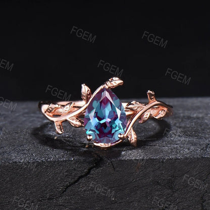 Nature Engagement Ring Set 10K/14K/18K Rose Gold Unique 1.25ct Pear Shaped Alexandrite Leaf Solitaire Rings Celtic Wedding Band Promise Gift