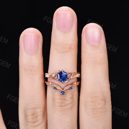 Unique Leaves Blue Sapphire Engagement Ring Set 14K Rose Gold 1ct Hexagon Cut Blue Sapphire Bridal Set Handmade Nature Inspired Jewelry Gift