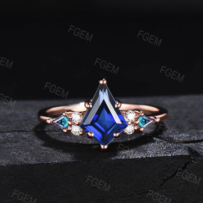 Kite Cut Blue Sapphire Engagement Ring Set Vintage 14K Rose Gold Celtic Alexandrite Bridal Set Unique Promise Ring September Birthstone Gift