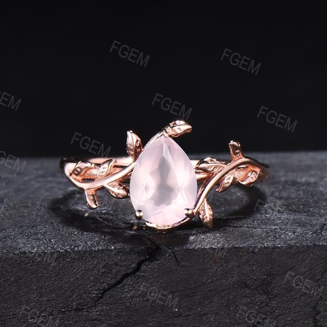 Natural Rose Quartz Ring Set Pear Shaped Engagement Ring Nature Inspired Leaf Gemstone Jewelry Pear Solitaire Ring Pink Crystal Bridal Ring