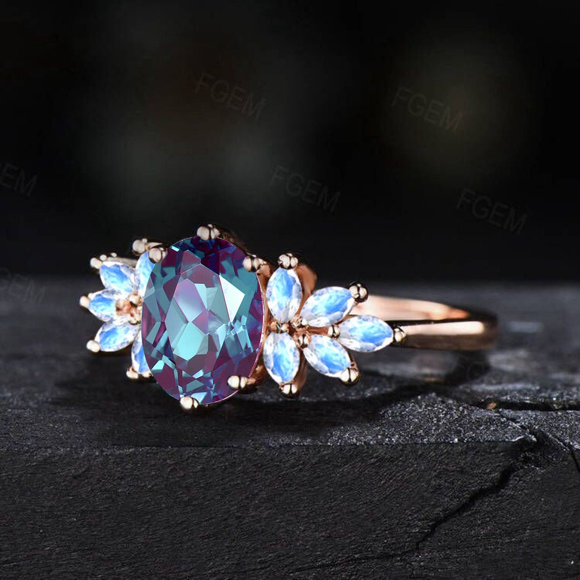 1.5ct Oval Color-Change Alexandrite Ring Marquise Moonstone Cluster Alexandrite Engagement Ring June Birthstone Jewelry Unique Promise Gift