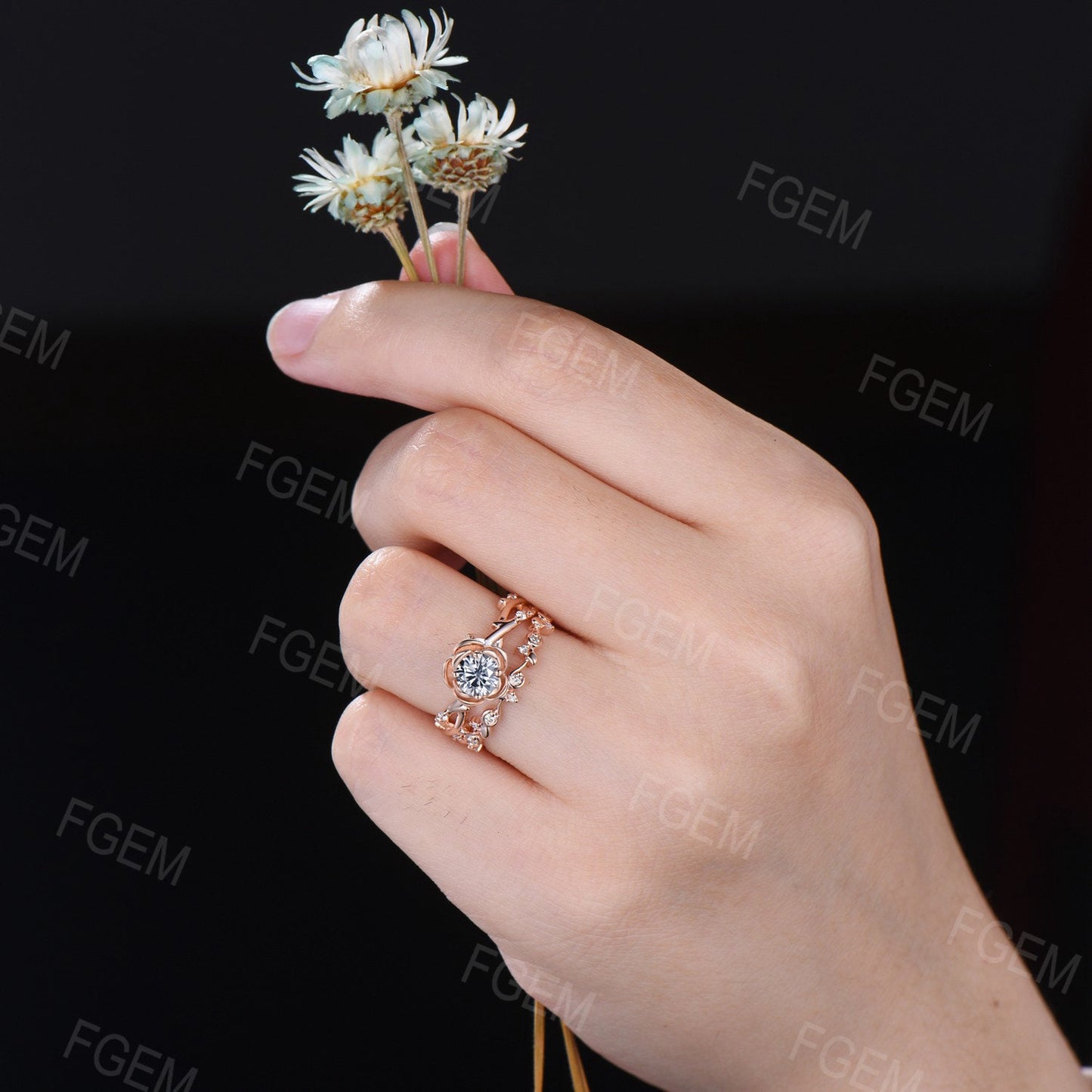 Nature Inspired Grey Moissanite Twig Ring Set Round Cut Rose Flower Engagement Ring 10K Rose Gold Grey Moissanite Ring Floral Promise Ring