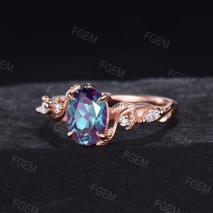 Nature Inspired Engagement Ring 14K Rose Gold Leaf Branch Twig Ring 1.5ct Oval Cut Color-Change Alexandrite Wedding Ring Unique Promise Ring