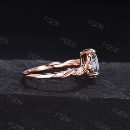 14K Rose Gold Nature Inspired Grey Moissanite Ring 1.25ct Pear Moissanite Diamond Jewelry Branch Leaf Wedding Ring Handmade Propose Gifts