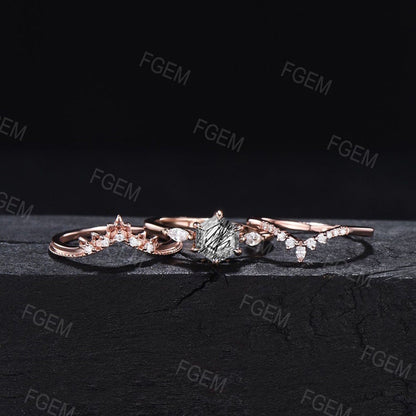 3pcs Black Bridal Set Hexagon Natural Black Rutilated Quartz Engagement Ring CZ Diamond Stacking Matching Wedding Band Black Stone Jewelry
