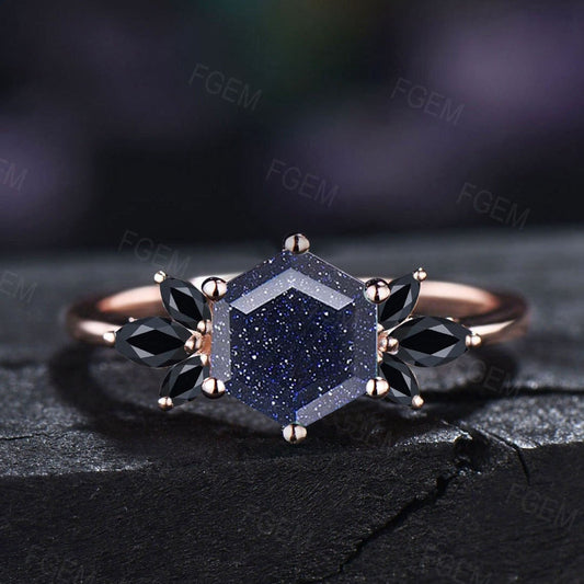 1ct Starry Sky Blue Sandstone Engagement Ring Hexagon Cluster Wedding Ring Real Black Gemstone Ring Unique Handmade Proposal Gifts for Women