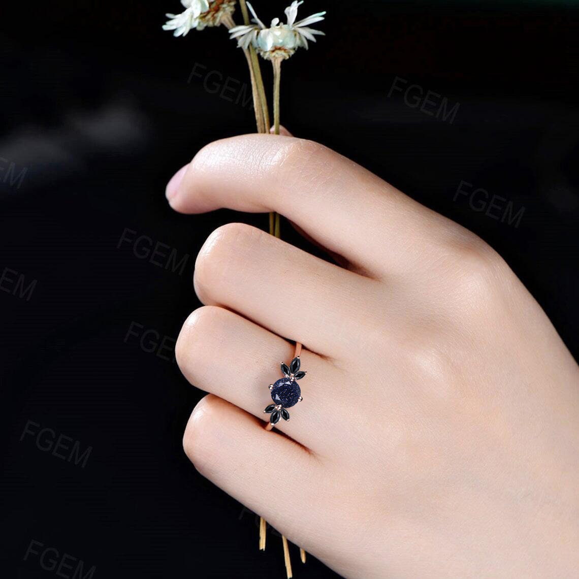 10K/14K/18K Real Rose Gold Round Cluster Engagement Rings Starry Sky Blue Sandstone Ring Unique Handmade Proposal/Wedding Gifts for Women