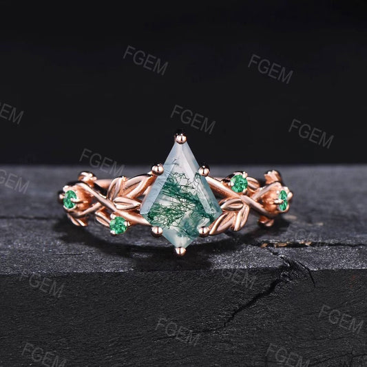 Nature Inspired Kite Cut Moss Agate Ring 14k Rose Gold Natural Moss Agate Leaf Engagement Ring Emerald Vine Wedding Ring Unique Promise Gift