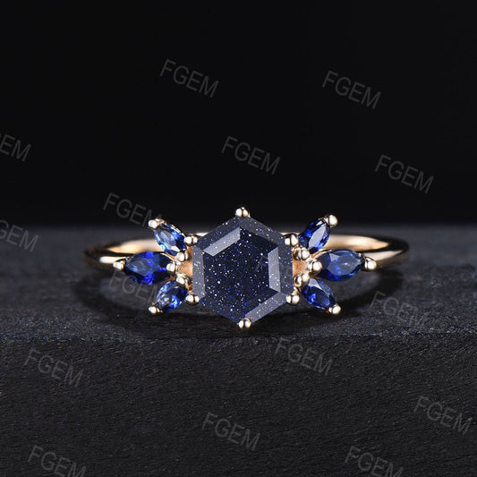 1ct Starry Sky Blue Sandstone Engagement Ring Hexagon Cut Blue Sapphire Cluster Wedding Ring Nebula Ring Unique Personalized Proposal Gifts