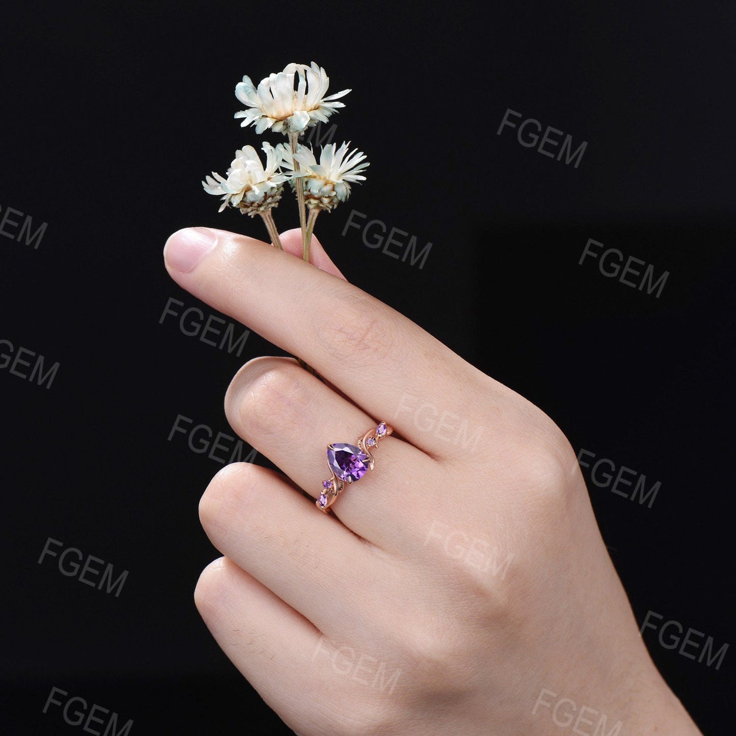 Nature Inspired Purple Amethyst Engagement Ring Rose Gold Twisted Leaf Ring Natural Purple Healing Crystal Ring February Birthstone Jewelry