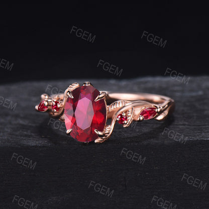 Nature Inspired Ruby Gemstone Ring Set 1.5ct Oval Cut Twig Leaf Ruby Engagement Rings Twisted Vine Ring Unique July Birthstone Birthday Gift