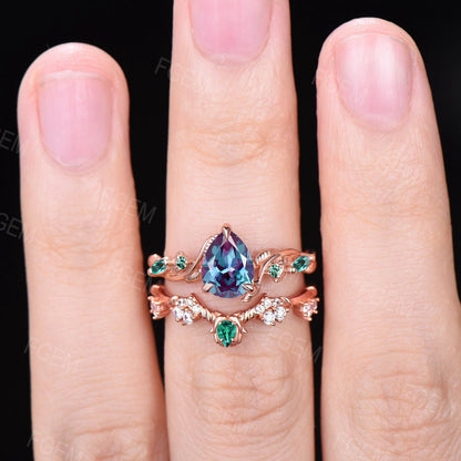Twisted Engagement Ring Set 1.25ct Pear Twig Alexandrite Engagement Ring Set 14K Rose Gold Nature Inspired Branch Leaf Emerald Wedding Ring