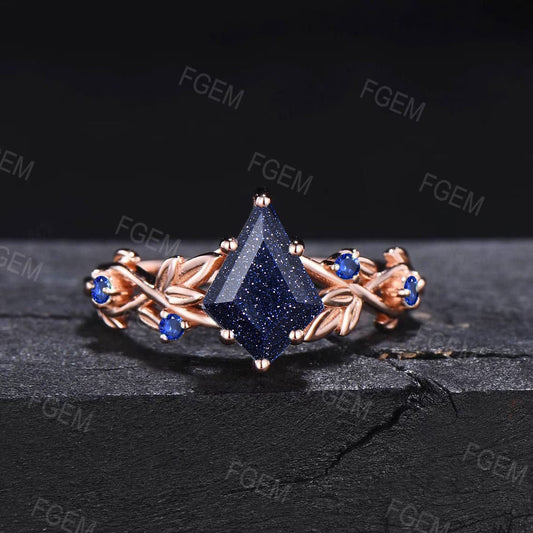 Nature Inspired Blue Goldstone Engagement Rings 14K Rose Gold Kite Galaxy Blue Sandstone Ring Blue Sapphire Leaf Wedding Ring Promise Gifts